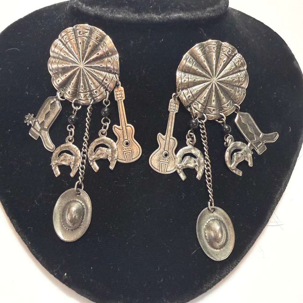Western Silver Tone Charm Dangle Earrings Cowboy Boot Hat Guitar Horseshoe